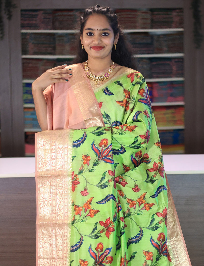 Parrot green silk saree with arumbu manga buttas, contrast border of neli  kathir,muthu & mayil manga & intricate pallu